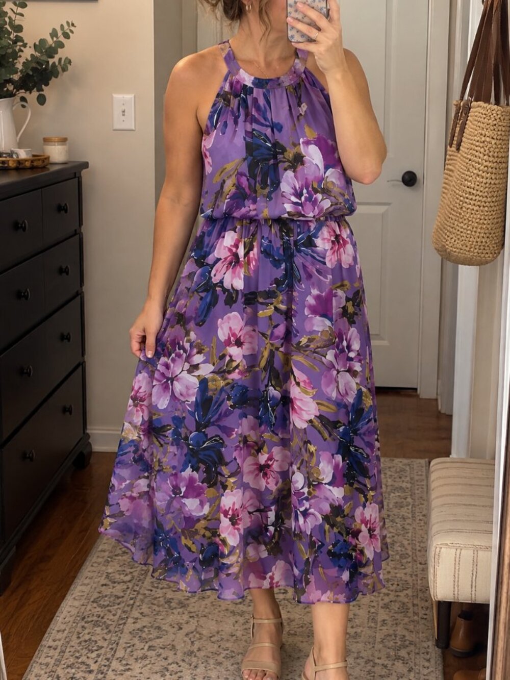 Robbie Bee Purple Floral Chiffon Midi Dress 14 Halter Blouson Lined Sleeveless